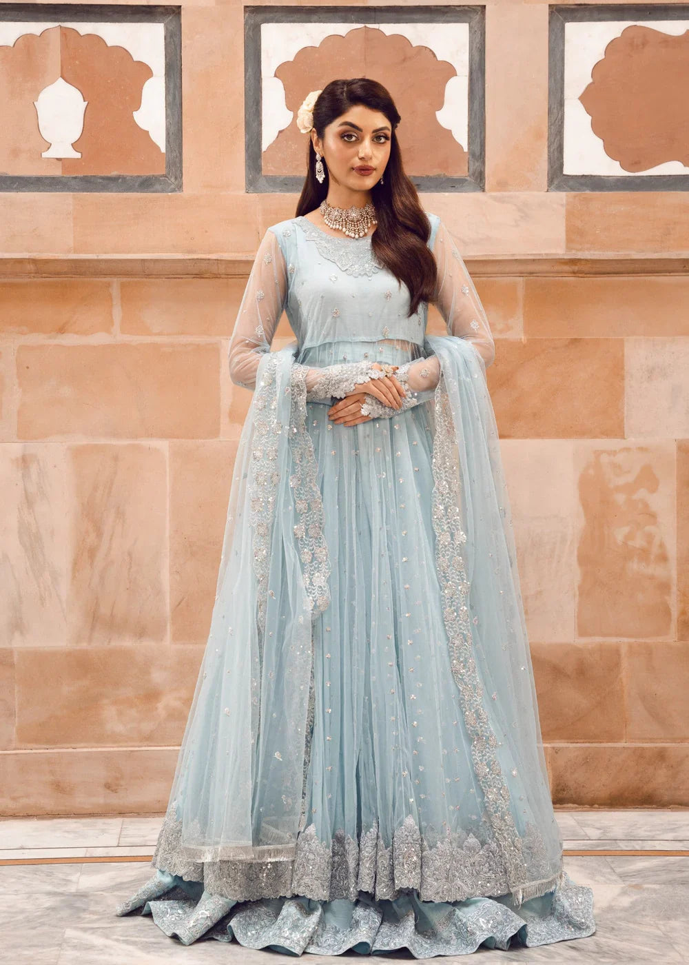 Ice Blue Illusion: Net Flared Embellished Maxi | Ready To Wear