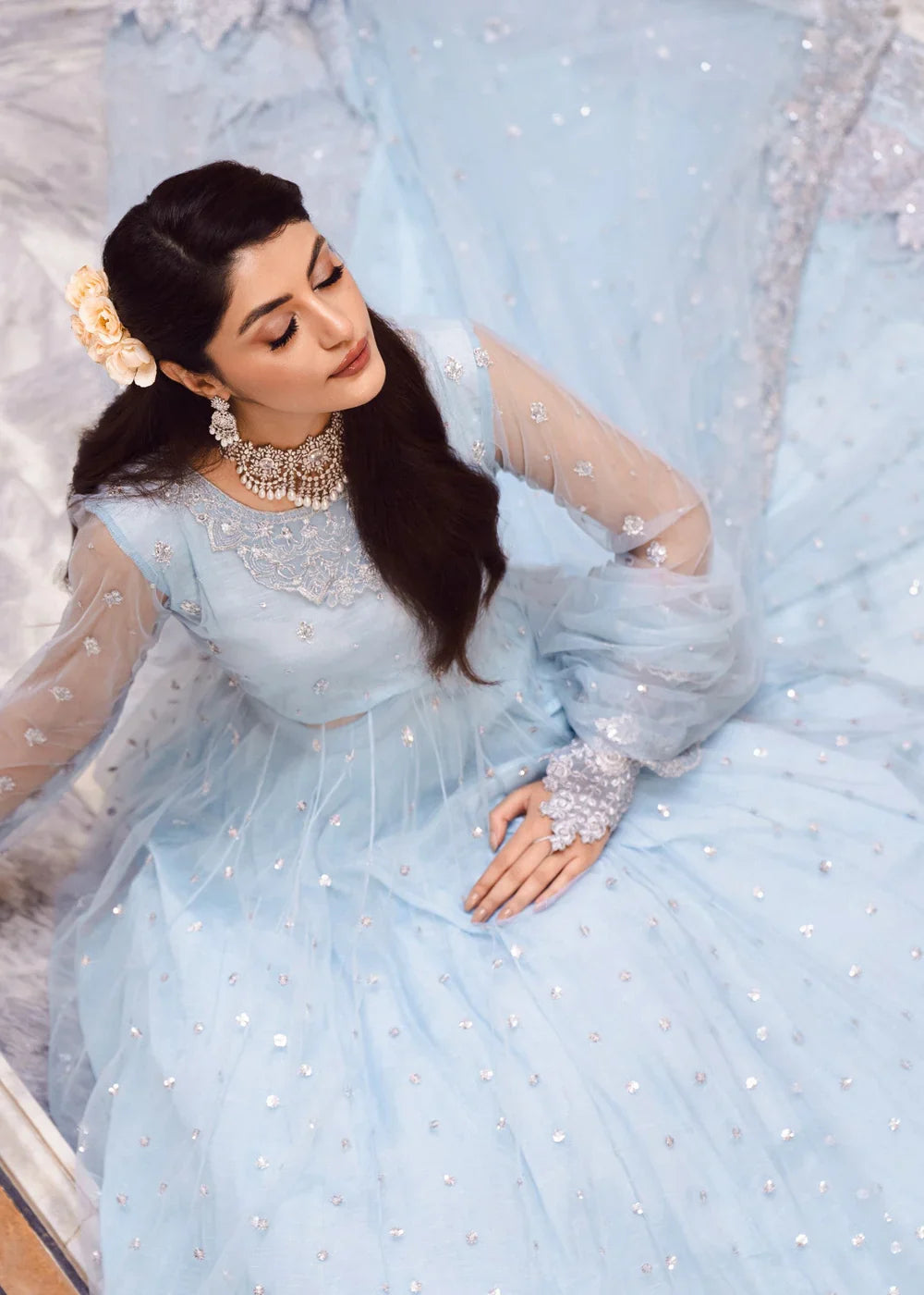 Ice Blue Illusion: Net Flared Embellished Maxi | Ready To Wear