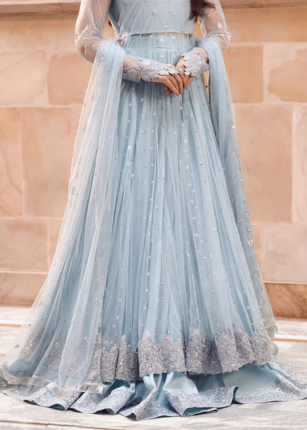 Ice Blue Illusion: Net Flared Embellished Maxi | Ready To Wear