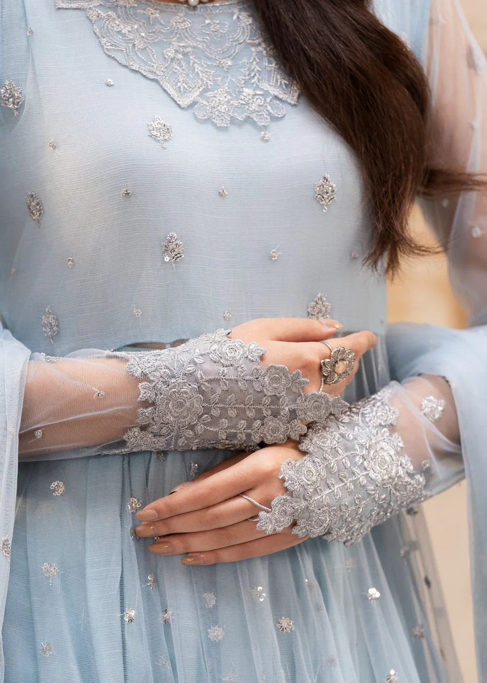 Ice Blue Illusion: Net Flared Embellished Maxi | Ready To Wear
