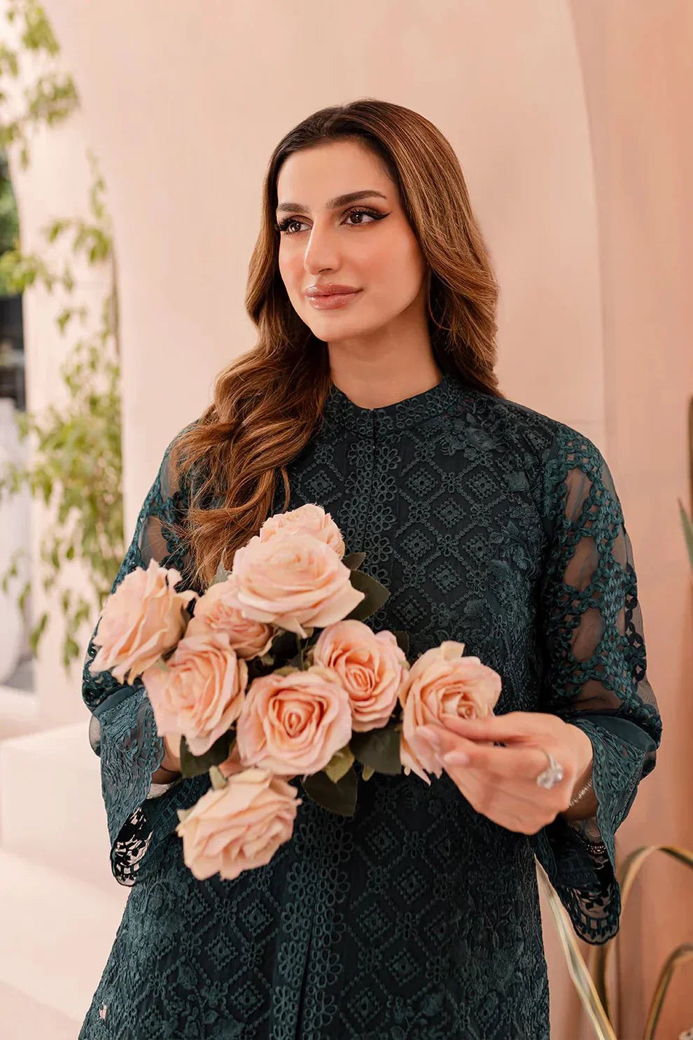 Elegant Forest Green: Thread Embroidered Organza Suit | Ready To Wear