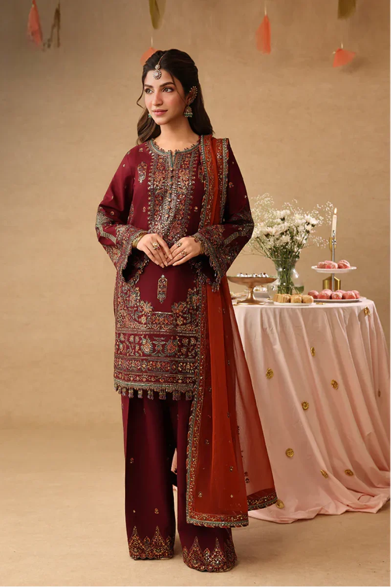 Rich Maroon - Short Kurta Set with Palazzo and Rust Dupatta | Ready To Wear