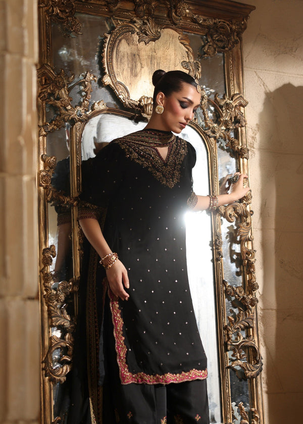 Onyx Black & Metallic Gold: Embroidered Chiffon Suit | Ready To Wear