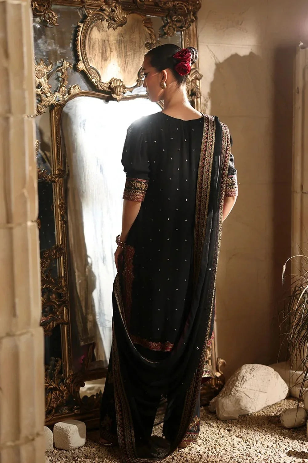 Onyx Black & Metallic Gold: Embroidered Chiffon Suit | Ready To Wear