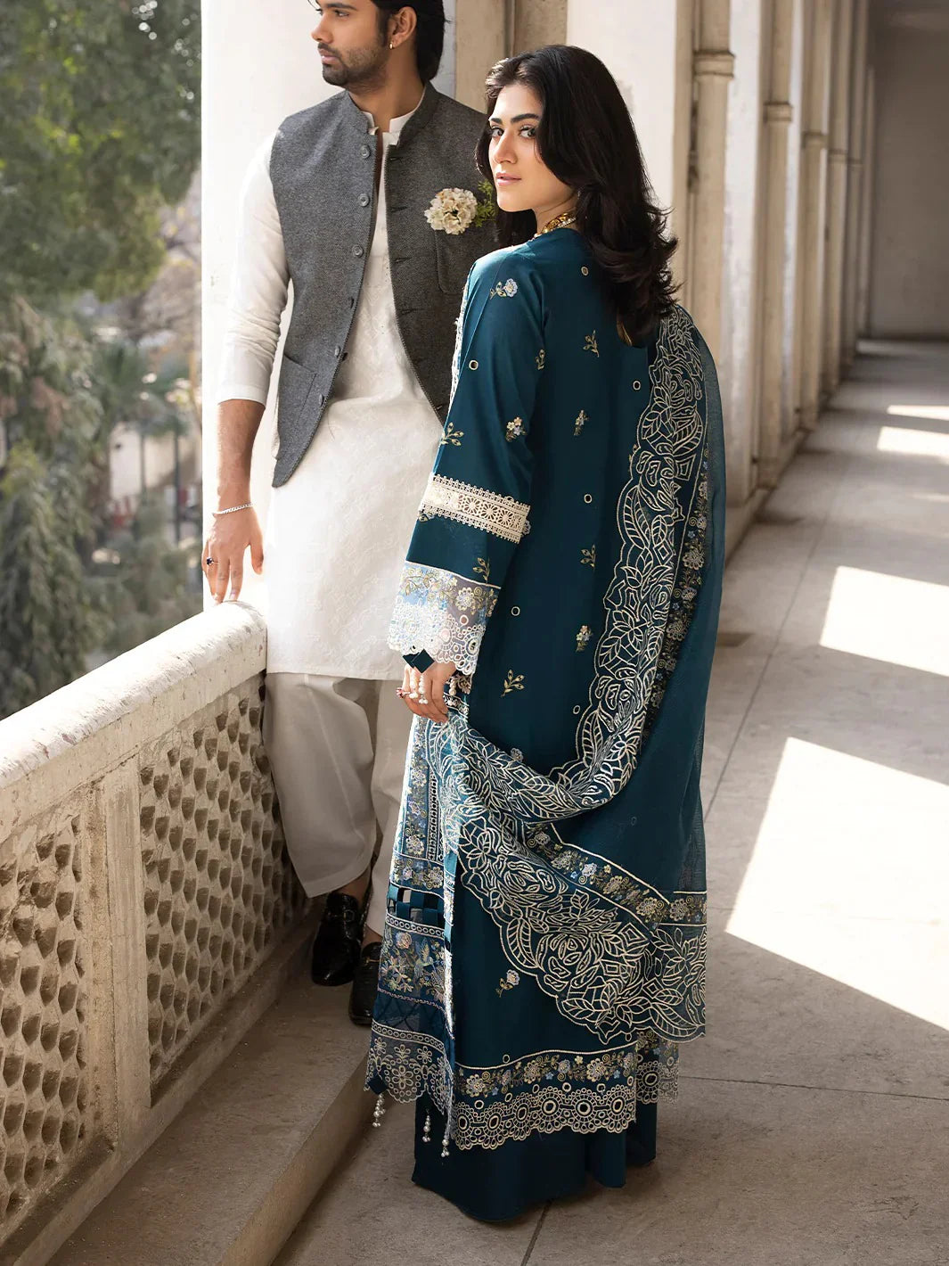 Peacock Azure: Heavy Embroidered Cotton Suit | Ready To Wear