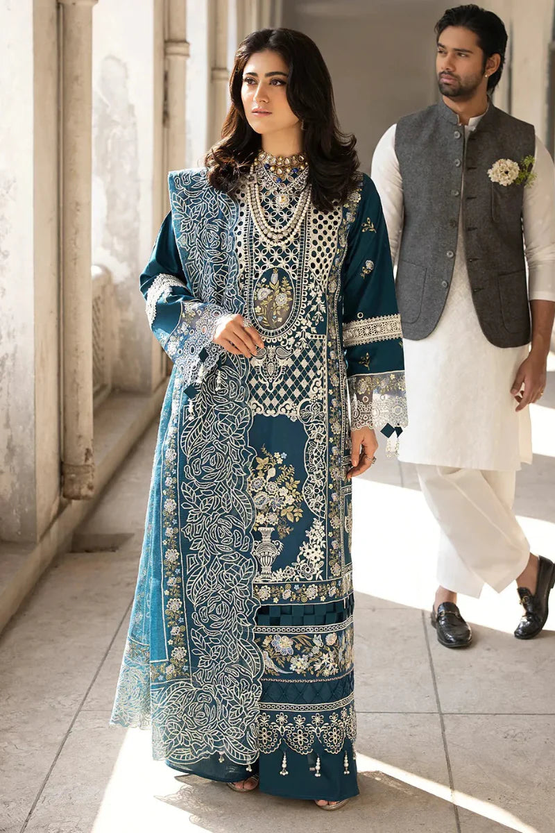 Peacock Azure: Heavy Embroidered Cotton Suit | Ready To Wear