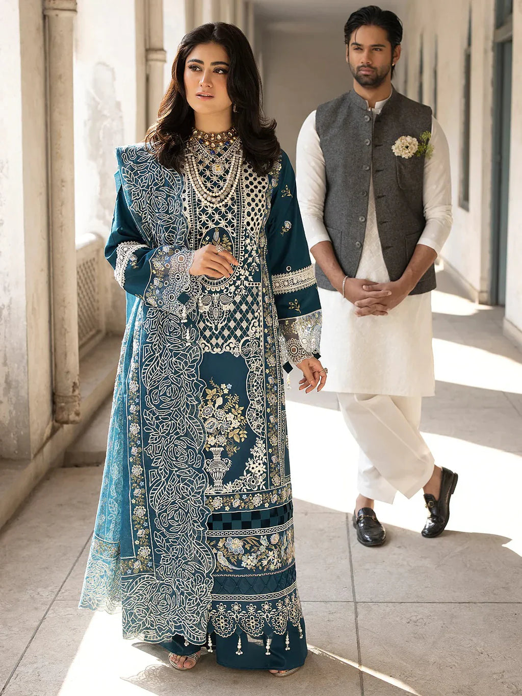 Peacock Azure: Heavy Embroidered Cotton Suit | Ready To Wear