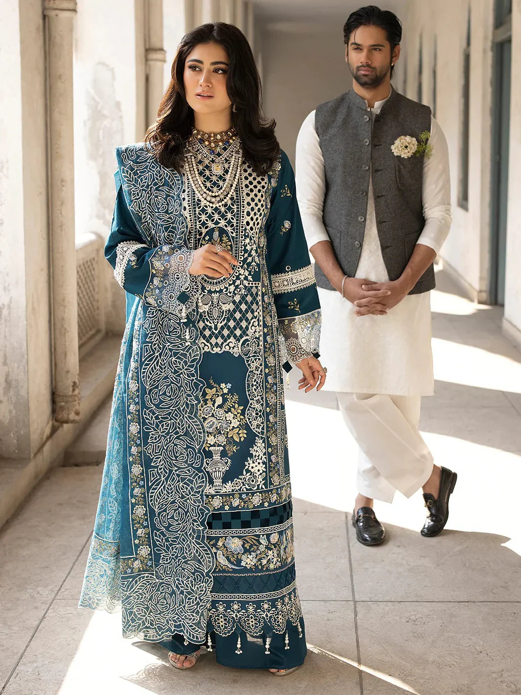 Peacock Azure: Heavy Embroidered Cotton Suit | Ready To Wear